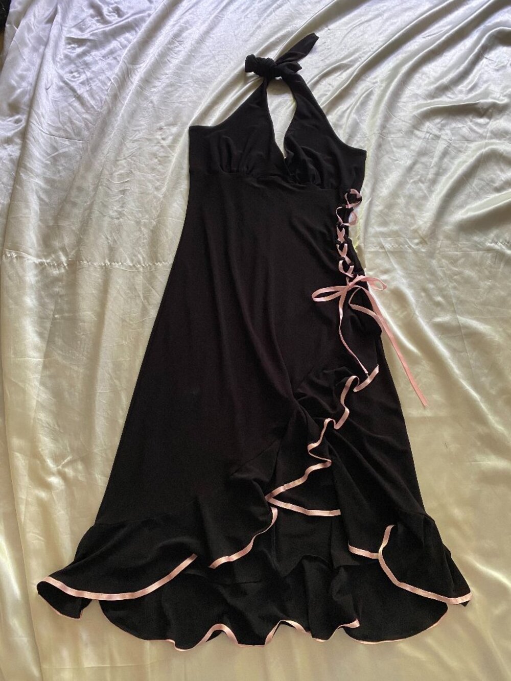 Vintage y2k Black & Pink Ruffle Lace Up Halter Fairy Party Dress Small